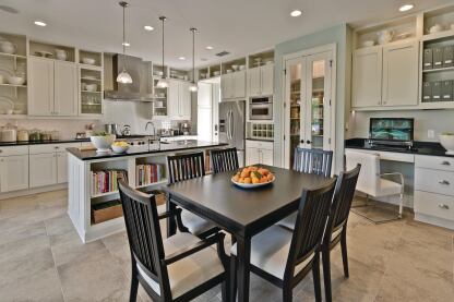 Holidays at Home A small house can accommodate big gatherings if its designed right. This kitchen has everything a cook needs to prepare a feast for a large group, including a KitchenAid six-burner gas range with double ovens, LED can and pendant lights for task lighting, and a Kohler farmhouse sink thats big enough to wash a Thanksgiving turkey. Open shelves by Merillat provide display space for items that arent used every day. 