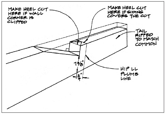 Figure 5. The depth of the hip rafter’s birdsmouth can be found by measuring the length of the plumb line above the birdsmouth on a common rafter as shown. This distance, in this case 7 3/8 inches, is transferred to a plumb line on the hip rafter, which is drawn 3/4-inch (half the rafter thickness) uphill from the LL plumb line. If the heel cut doesn’t show, this line can be cut square at the LL plumb line. Or, you can cut at the uphill line and nip off the corner of the top plate.