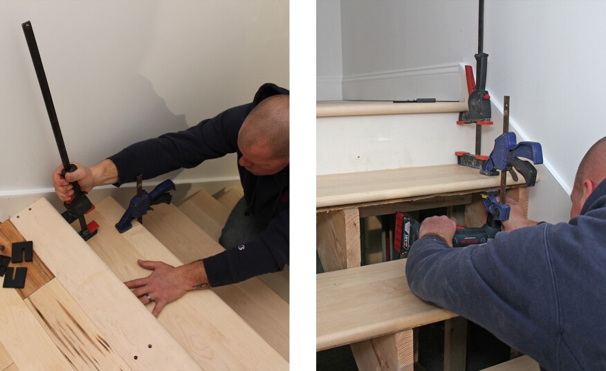 The finish treads are clamped in place (above left), then secured with screws from underneath using a right-angle drill. Fastening from underneath eliminates the time that would be needed to countersink, cut, and finish wood plugs (above right).