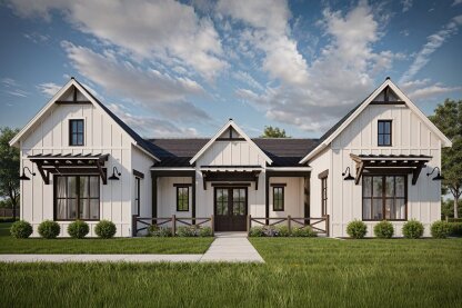 Modern farmhouse plan with open layout, front exterior. See details at Houseplans.