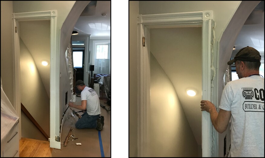The basement stairwell separation wall was curved along its length to improve the flow of foot traffic between the living room and kitchen (left). The adjacent return “wall” mainly consisted of a 24-inch-wide door to the basement, which the homeowners had difficulty navigating while moving large items, such as laundry baskets, up and down the stairs (right).
