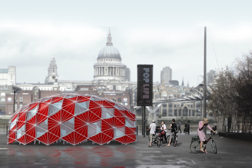 The bank-side bike shed concept is Khamsi’s effort to provide London with “Microns,” or micro-icons, that are ubiquitous and distinctive to the city. The shelter is made of steel rods with a waterproof tarpaulin membrane.