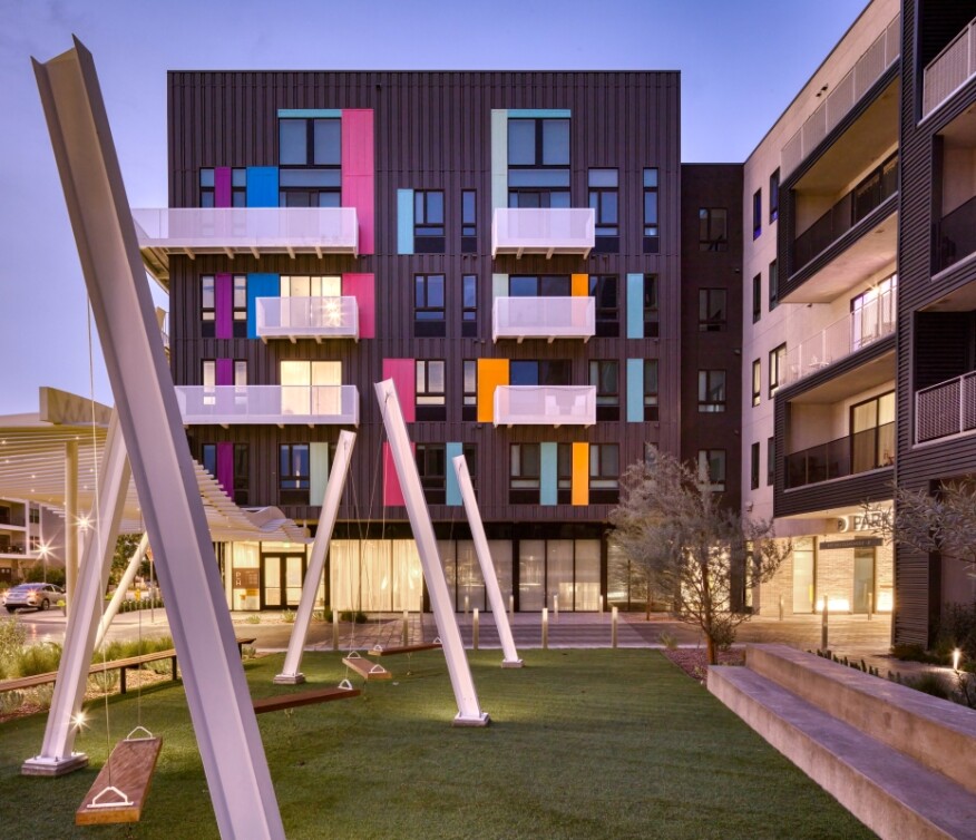 Parc Haven’s attention-getting façade is a hit at Symphony Park in Las Vegas. Photo: alanblakely.com