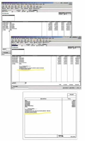 The change-order function in QuickBooks Contractor adds a note to the revised estimate (top). Note that if you mark up change orders, you will reveal your markup to the customer on the QuickBooks-generated statement (bottom) unless you delete or edit the note. The author prefers to enter change orders manually so the additional amount becomes a separate line item, allowing the builder to invoice for it separately.