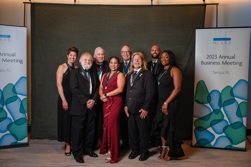 The 2023 recipients of the President’s Medal for Distinguished Service pose with NCARB president Bayliss Ward, AIA. Back row, from left: Stacy Krumwiede; Robert M. Calvani, FAIA; Bayliss Ward; Maurice Brown. Front row, from left: Paul D. Edmeades, AIA; Catherine C. Morrison, AIA; Gary R. Ey; Tiffany D. Brown, Assoc. AIA. Not pictured: Tara Rothwell.