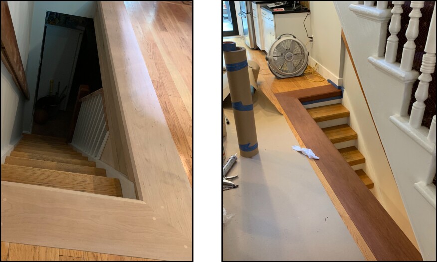Wide, contrasting border trim (left) was stained to match the existing cherry handrail and treads beyond (right).