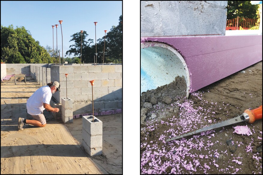 Figure 4. Then 6-inch-wide XPS strips are fastened to the walls (left), with the top edge of the foam aligned with chalk lines marking the top of the slab. Here, the foam is aligned to the chalk line and cut around a 40 pressure-rated pipe as a “sleeve” through the block wall (right).