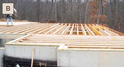 Figure 2-B. The floor system is then framed with I-joists, whose tops are flush with the mud sill.