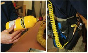 The smallest Sidearm takes a 1.25-pound CO2 bottle (left) and fits in a holster (right). The company's larger version has a 2.5-pound bottle that fits in a sling.