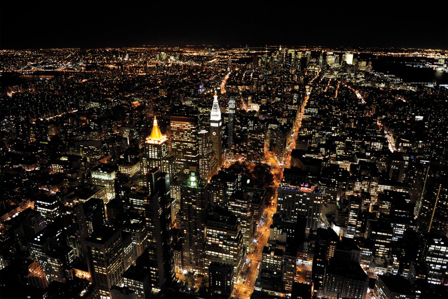 A nighttime view of New York City.