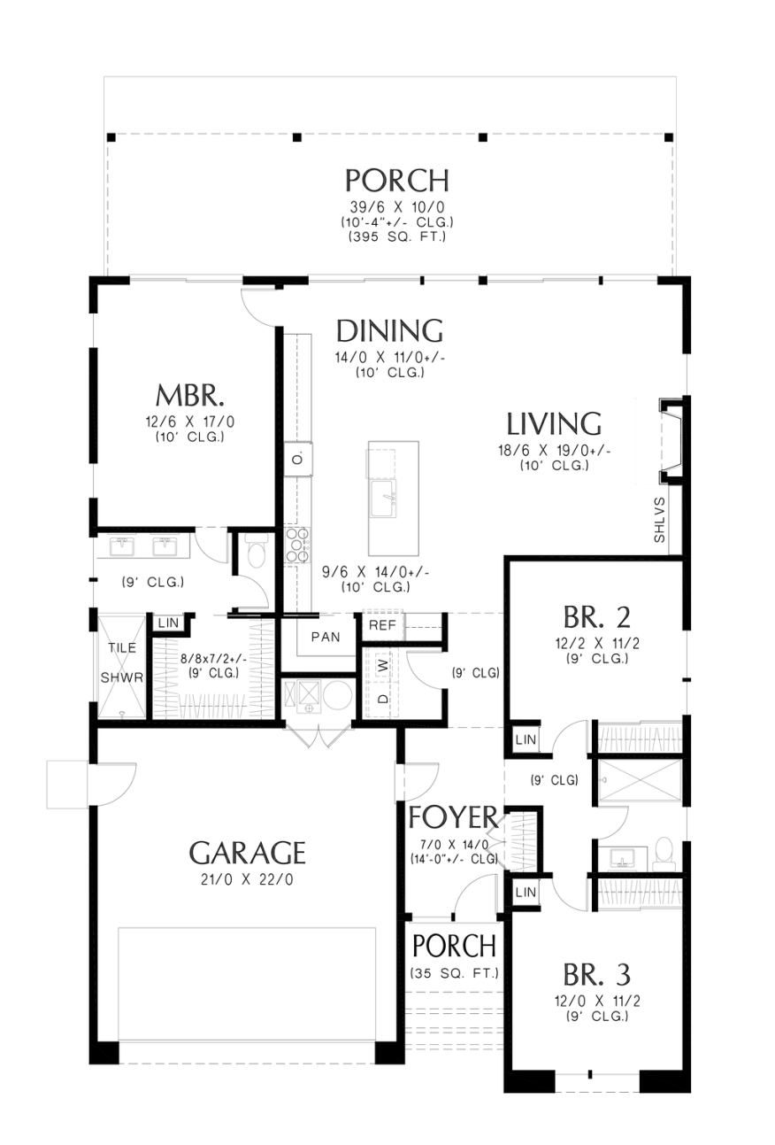 Modern one-story house plan, main level. See details at Houseplans.com.