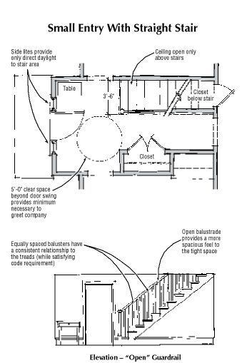In order to ease the effort of the climb, a single-run straight stair should use deeper treads and shorter risers than a stair that contains a landing. The guardrail has an open, airy appearance, which adds a sense of spaciousness to a hallway that might otherwise feel narrow. Simple round, tapered wooden balusters are an attractive alternative to the heavy turned colonial balusters found in many spec homes.