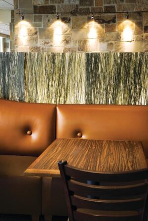 The Veritas Botanical Series of decorative Resinart panels features PureColor technology, flexible hardware systems, and precise fabrication. Texture, interlayer, and color options, such as the Savannah 1/4" panels (shown), offer customization for creating the most appropriate panel for such commercial installations as healthcare, hospitality, retail, education, and office space. Seven hardware systems offer solutions that can join, suspend, or render forms movable within ceiling panels, feature walls, balustrades, and furniture. Veritas panels are GreenGuard certified for indoor air quality. veritasideas.com