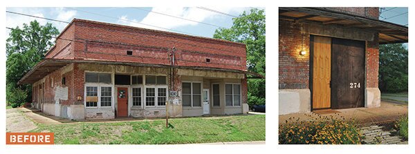 The building faces busy, commercial Bragg Ave. on one side and a partially residential street on the other. Owner architect David Hill moved the entry to the quieter street but, after cleaning, kept the rest of the exterior intact, including the wooden awning, which still awaits a full restoration.