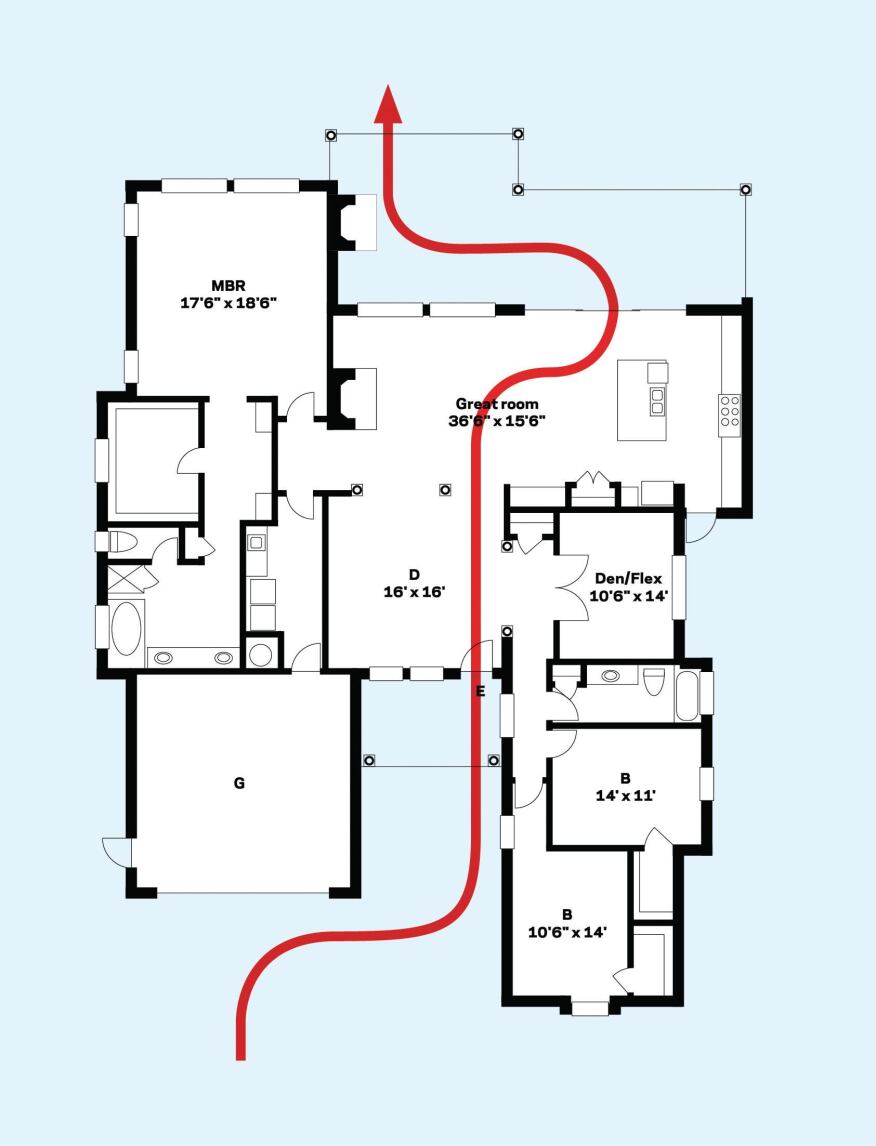 Party Circuit Socializing comes naturally in this casual home. Minimal walls allow long sight lines to extend all the way through the house from the front entry to the rear patio. These visual cues make it intuitive for guests to meander through the great room and kitchen while bypassing the private zones (containing bedrooms and utility spaces) which are concentrated on either side of this social core.