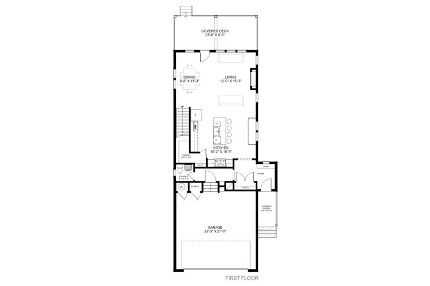 Narrow Farmhouse Plan, Main Level. See Details at Houseplans.com.