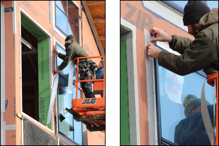 After the Siga sill flashing tape is installed, tape is applied over the open corners (similar to photo below at right). Then the Siga jamb flashing tape is applied (above left). The top inch of the tape is peeled back and the tape worked down the window to adhere it a few inches at a time. The jamb tape is lapped onto the sill flashing tape. After the jamb flashing strips are installed, pieces of the tape are applied at the “open corners” at the top of the window unit on both sides (above right).