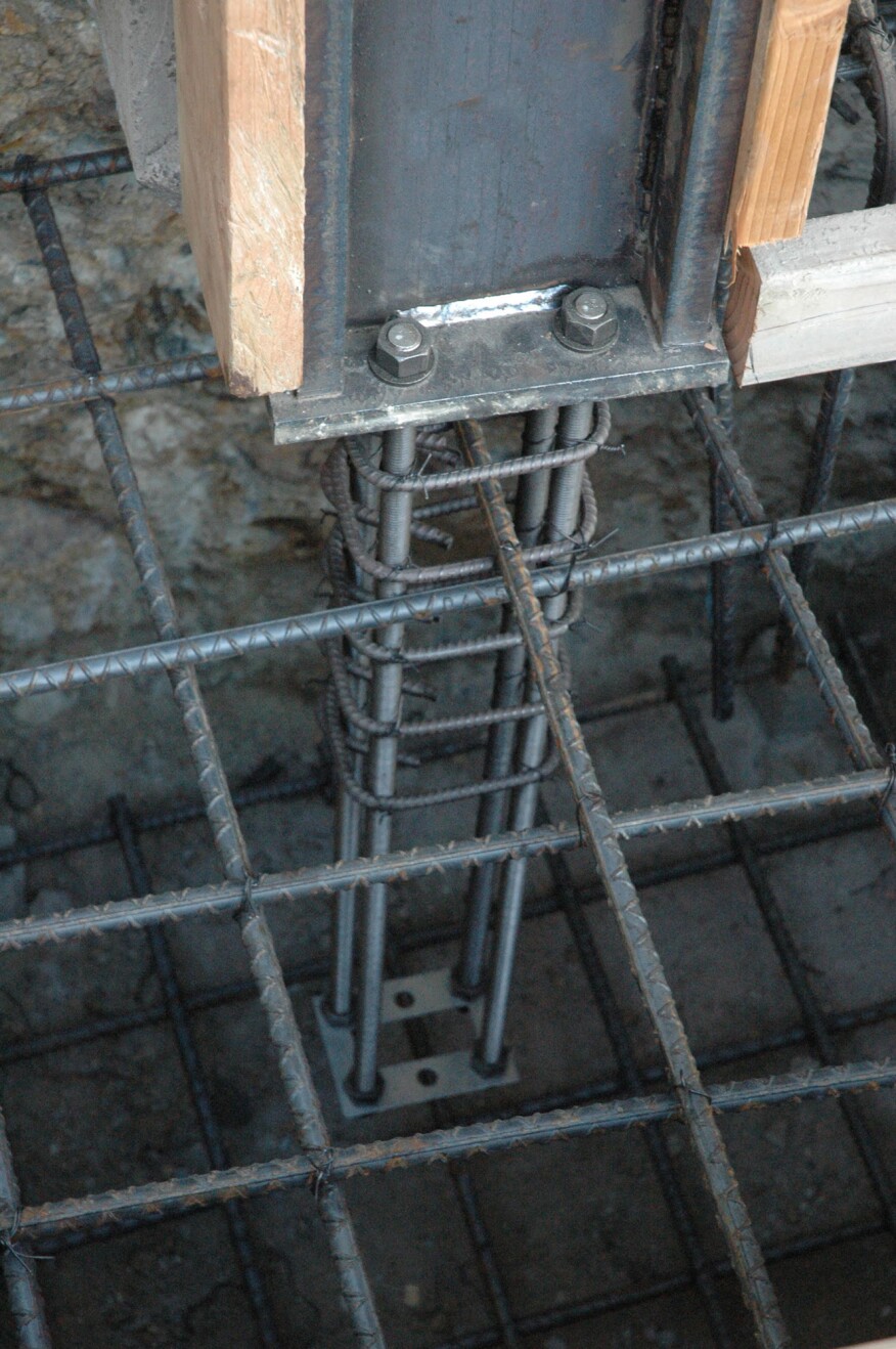 Bolt Brace. A Bolt Brace at the embed end acts as a spreader and ensures the anchors will not sway independently while concrete is being poured, and will keep the anchors parallel and plumb. The rebar reinforcement shown is designed by the Engineer of Record for this project. Be sure to get the anchorage inspected prior to pouring concrete.
