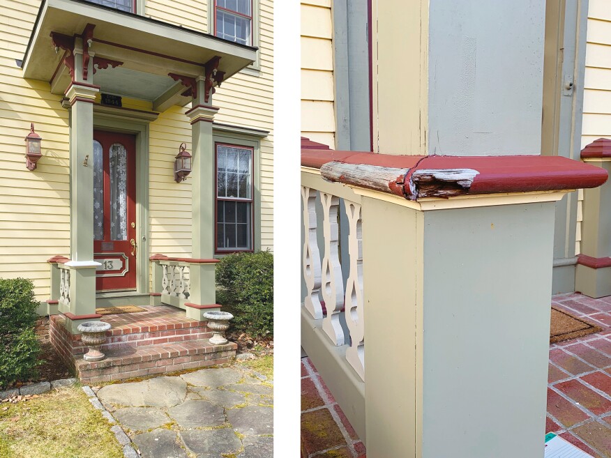 The porch trim on a historic 19th-century Italianate home wraps around the porch column, rather than simply butting up to it. Although beautiful, the design is vulnerable to moisture intrusion, which inevitably led to rot. This prompted the author to use epoxy as part of a long-term solution (above left). New England’s volatile climate took its toll on this porch trim (above left).
