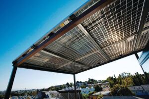 Photovoltaics integrated into awnings and attached to trellises collect solar energy while helping provide shade.