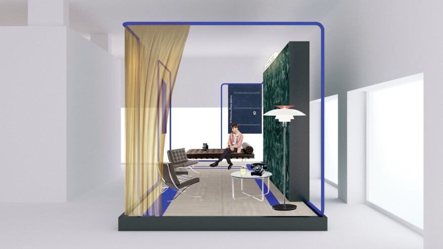 A collage of the "Ludwig Mies van der Rohe" installation at Knoll and OMA's "Knoll Celebrates Bauhaus" exhibit on display from April 9 through April 19 in Milan.