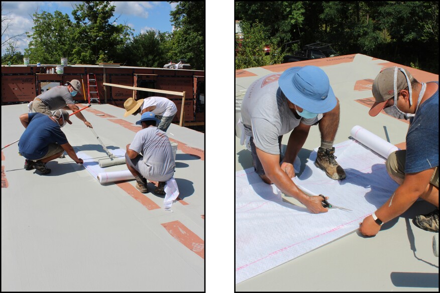 Installing the fabric in weatherboard fashion is not critical. On this large roof, workers started the base-coat application in the center and worked toward the eaves in sections (left), allowing each section to dry before applying the adjacent one and lapping the fabric by 3 inches. The reinforcing mesh is trimmed at the “hip” juncture (right)…