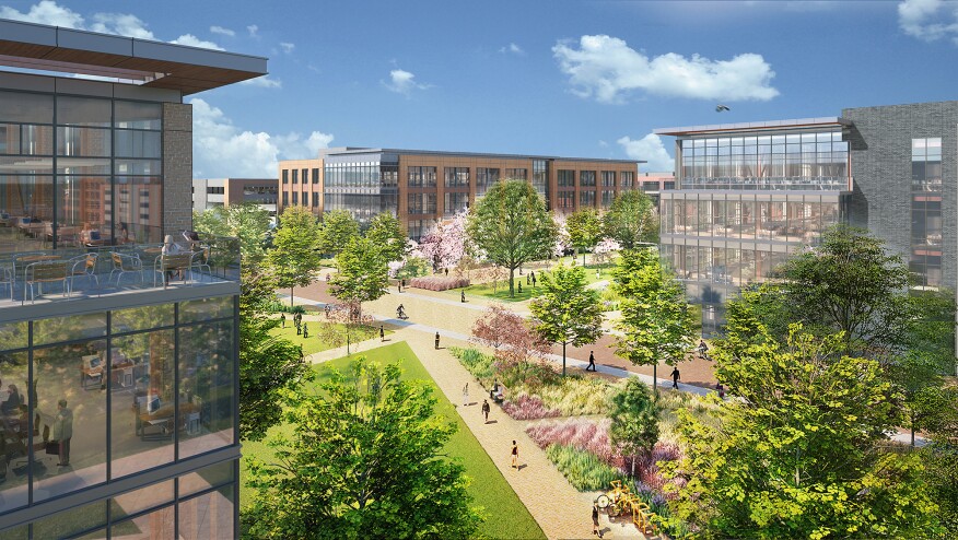 Gensler is designing Walmart’s new 350-acre home office around the Razorback Regional Greenway, in Bentonville, Ark. The landscape is planned for 100% non-potable irrigation and native plantings, and the buildings are targeting 100% renewable energy and zero waste. 