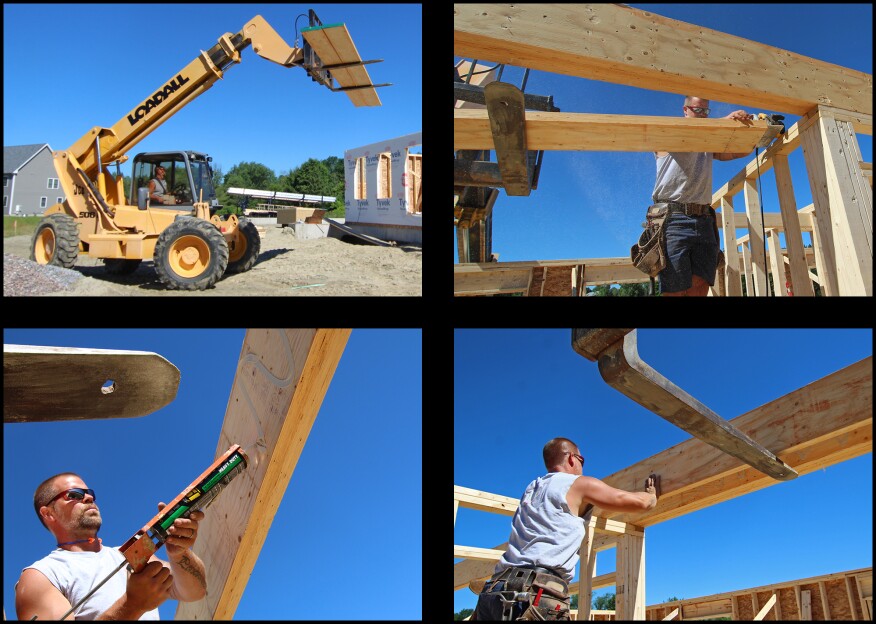 With 32-foot-long LVLs in place, the pre-cut 26-foot-long ones were loaded (centered and balanced) and slowly driven into place with the forks tilted upwards to prevent the LVLs from possibly sliding off the front (top left). Working off to the sides of the forks, the telehandler was used as a temporary work platform for laminating the third and fourth layers. Here, the author trimmed the LVLs to their final length (top right), then applied heavy-duty subfloor adhesive (bottom left). The LVL was tilted up into place (bottom right), then nailed off with 16d nails in a robust nailing pattern.