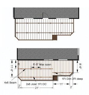 A common weak spot for all the software was the framing drawings. While most do an adequate job automatically filling in the framing, they tend to hiccough when the deck isn’t a simple rectangle. In the drawing at top, the deck bumps out, but the software continued the main beam straight. The drawing on the bottom shows the manual changes that were needed.