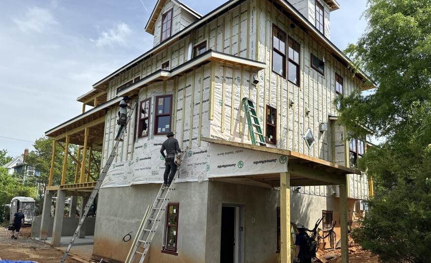 Rear elevation of the Queen of Zero rainscreen. The rainscreen material is made from 1x4 pressure-treated wood furring strips installed 16-in. o.c. with 10- to 12-in. fastener spacing.