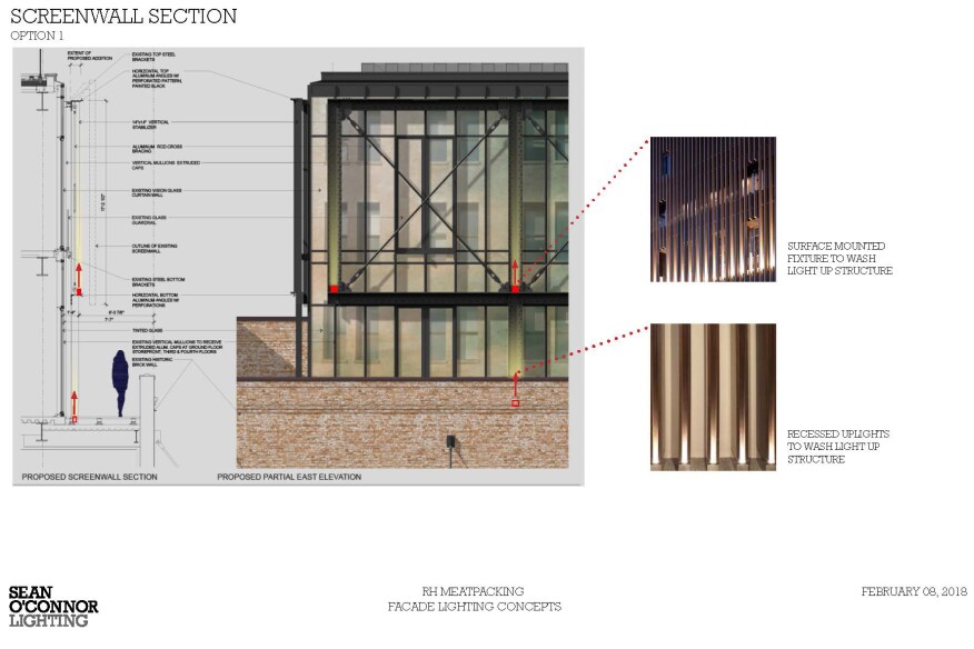 Low glare 6W floodlights with concealed conduit are tucked within vertical structural members, and linear uplights mounted within a concealing channel highlight the cross bracing at RH New York.