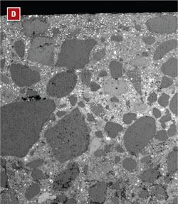 In this scanning electron microscope X45 magnification of the profile top ¼ in. of the slab unhydrated portland cement particles appear as white dots and air voids appear as black dots.