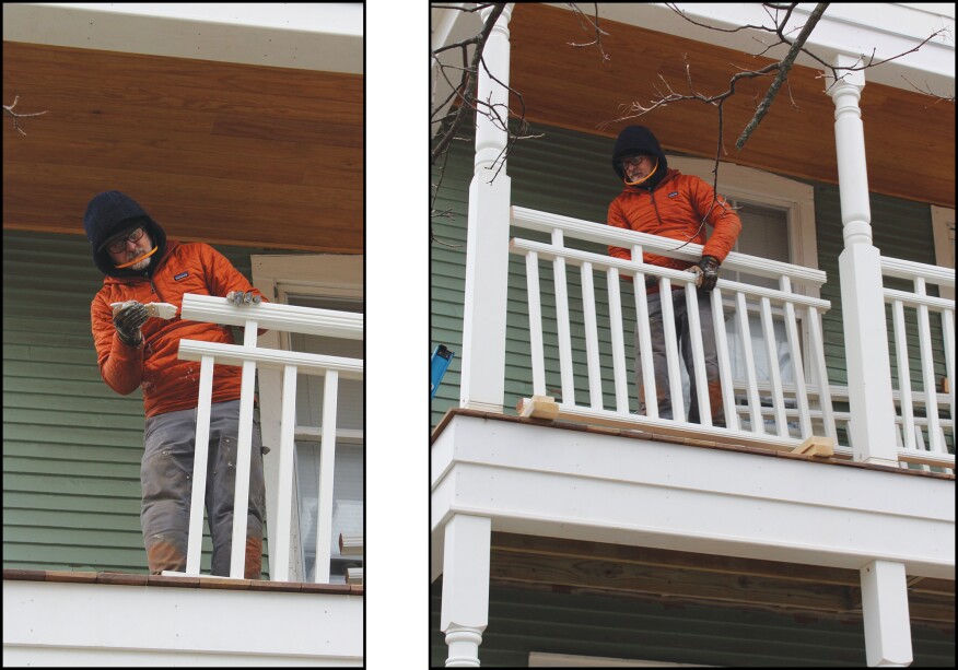 After cutting the rail sections on site to fit, Sean Laughlin sealed the end grain with primer (left). He then positioned the rail section (right) and fastened the rails to the posts with structural screws.