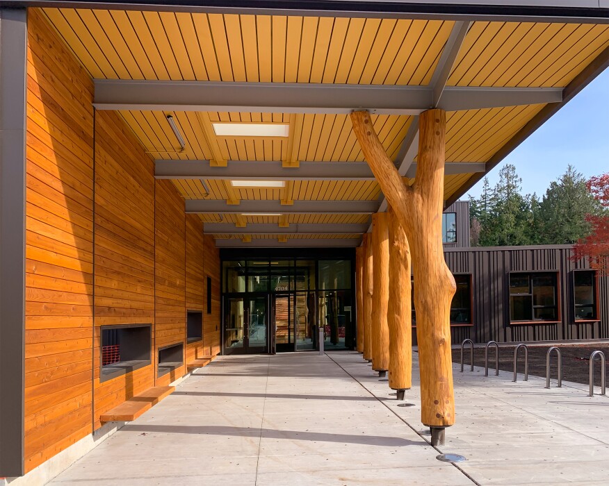 WholeTrees supplied 13 tree columns to Blakeley Elementary, in Bainbridge Island, Wash., designed by Mithun.