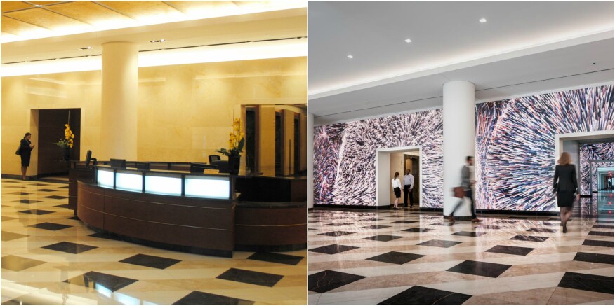 Before-and-after images of the 7th Street lobby at Terrell Place